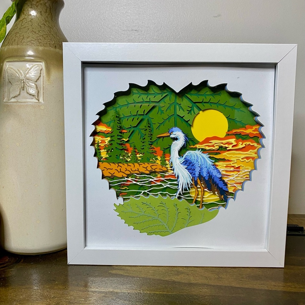 3D Blue Heron On Lake @ Sunset Shadowbox